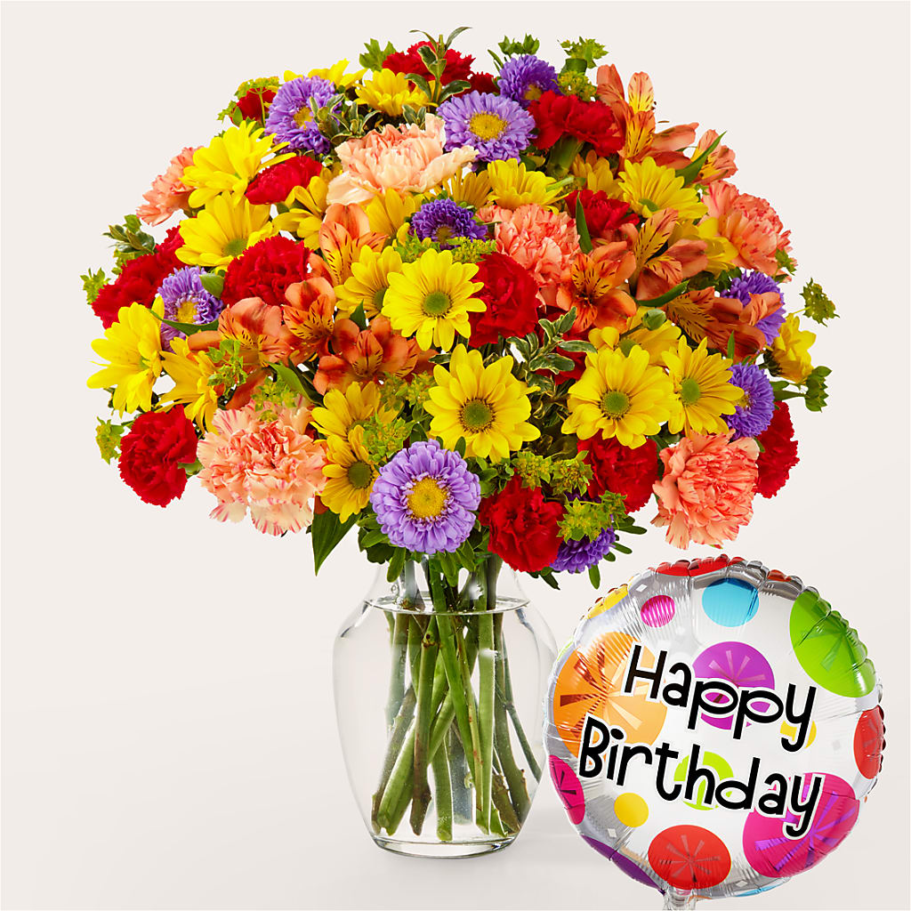 Kaleidoscope Bouquet with Birthday Balloon – The Bloom Centre, Houston TX