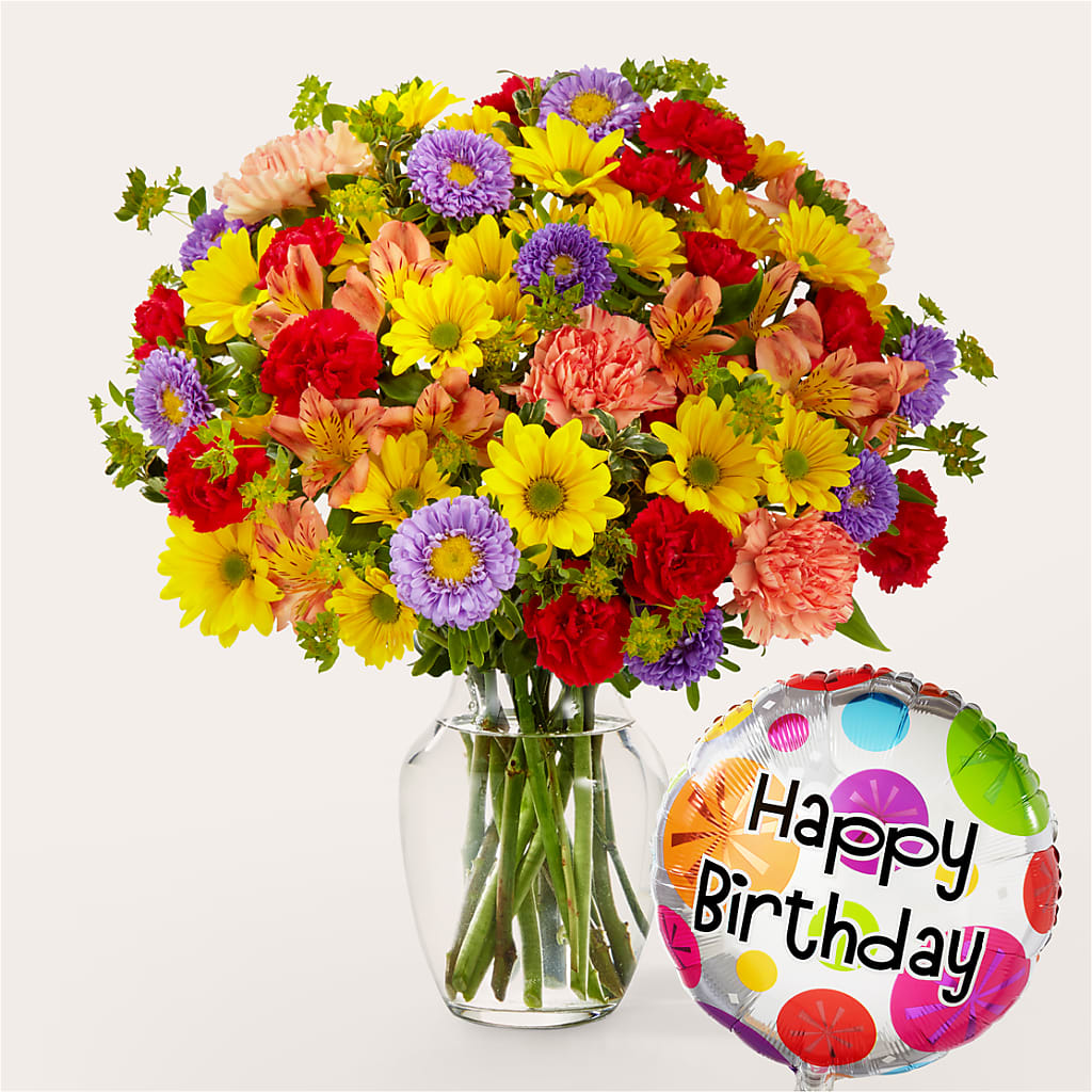 Kaleidoscope Bouquet with Birthday Balloon – The Bloom Centre, Houston TX
