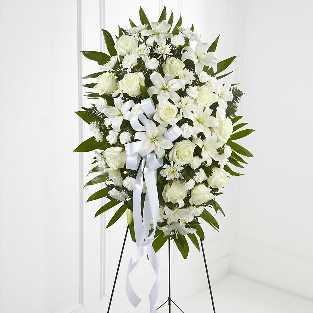 Exquisite Tribute Standing Spray-White Ribbon – The Bloom Centre, Houston TX